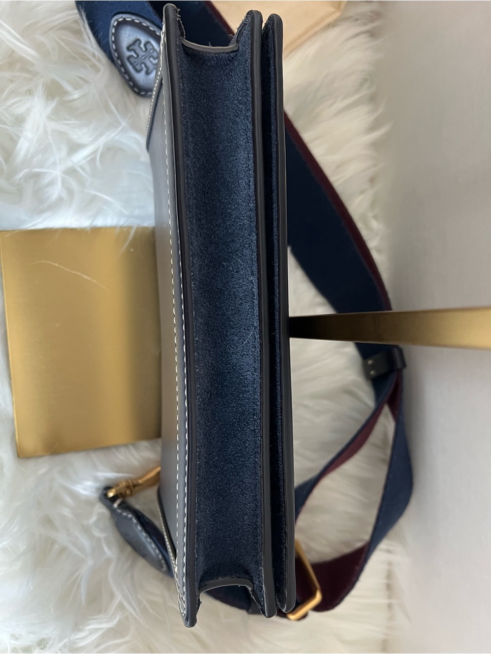 Tory Burch Navy T-Mono Leather Crossbody with Gold Hardware and Burgundy Strap - Picture 4 of 7